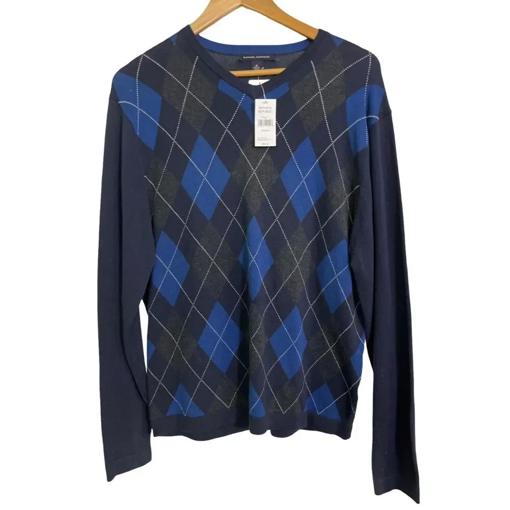 Banana Republic Argyle Sweater Mens Medium Blue Cotton Crew Neck NWT
